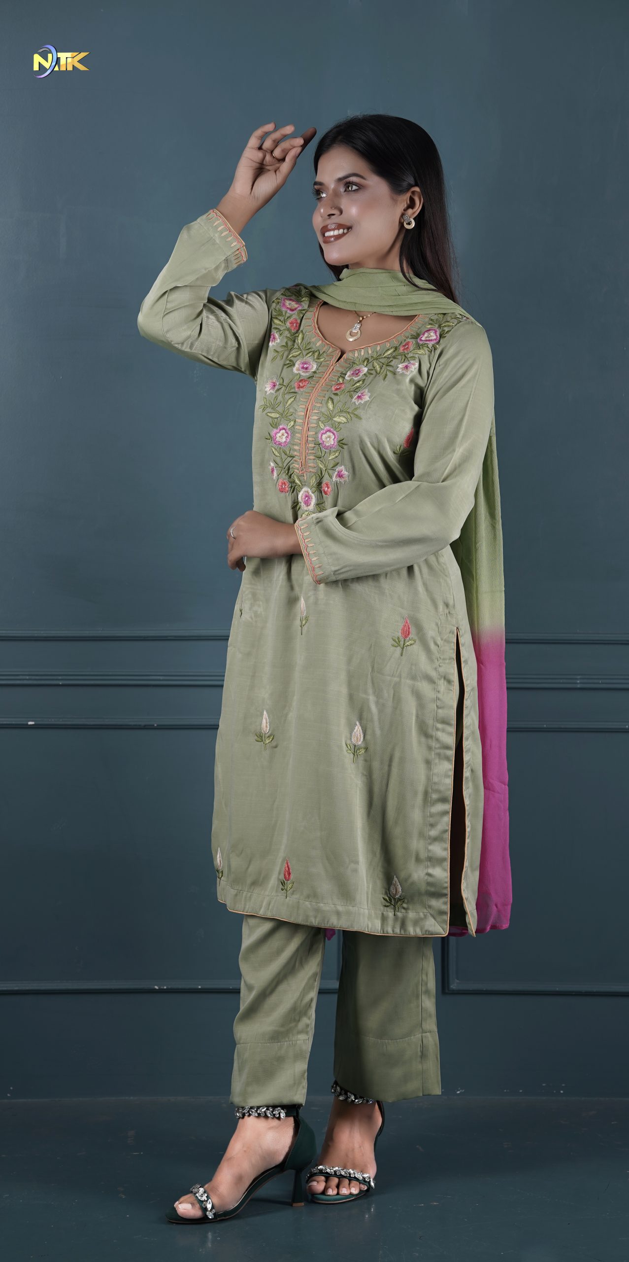 Light Olive Color Biben Silk Handwork Embroidery Kameez Biben Shalwar Shipon Shade Dupatta 3-Piece Sets