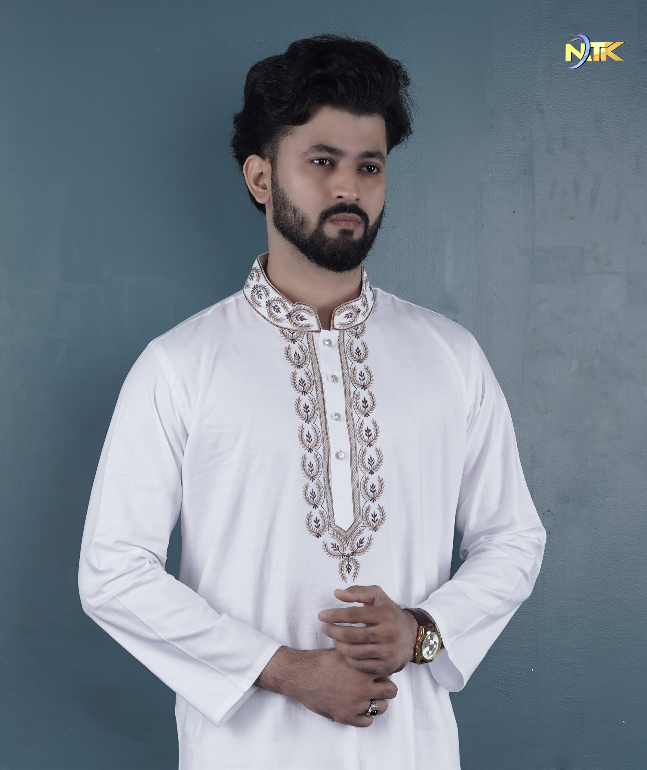 White Color Handmade Exclusive Embroidery Premium Cotton Panjabi