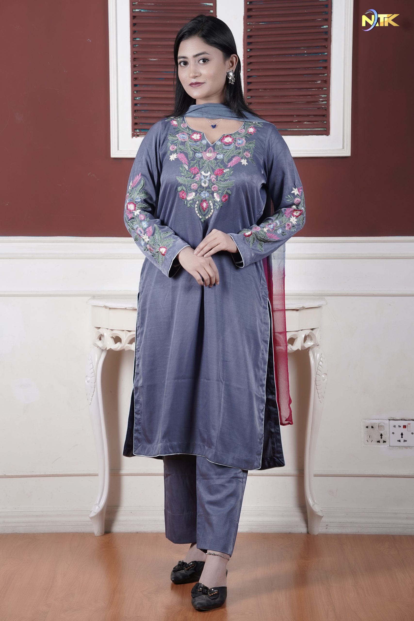 Smoky Blue-Grey Color Biben Silk Handwork Embroidery Kameez Biben Shalwar Shipon Shade Dupatta 3-Piece Sets