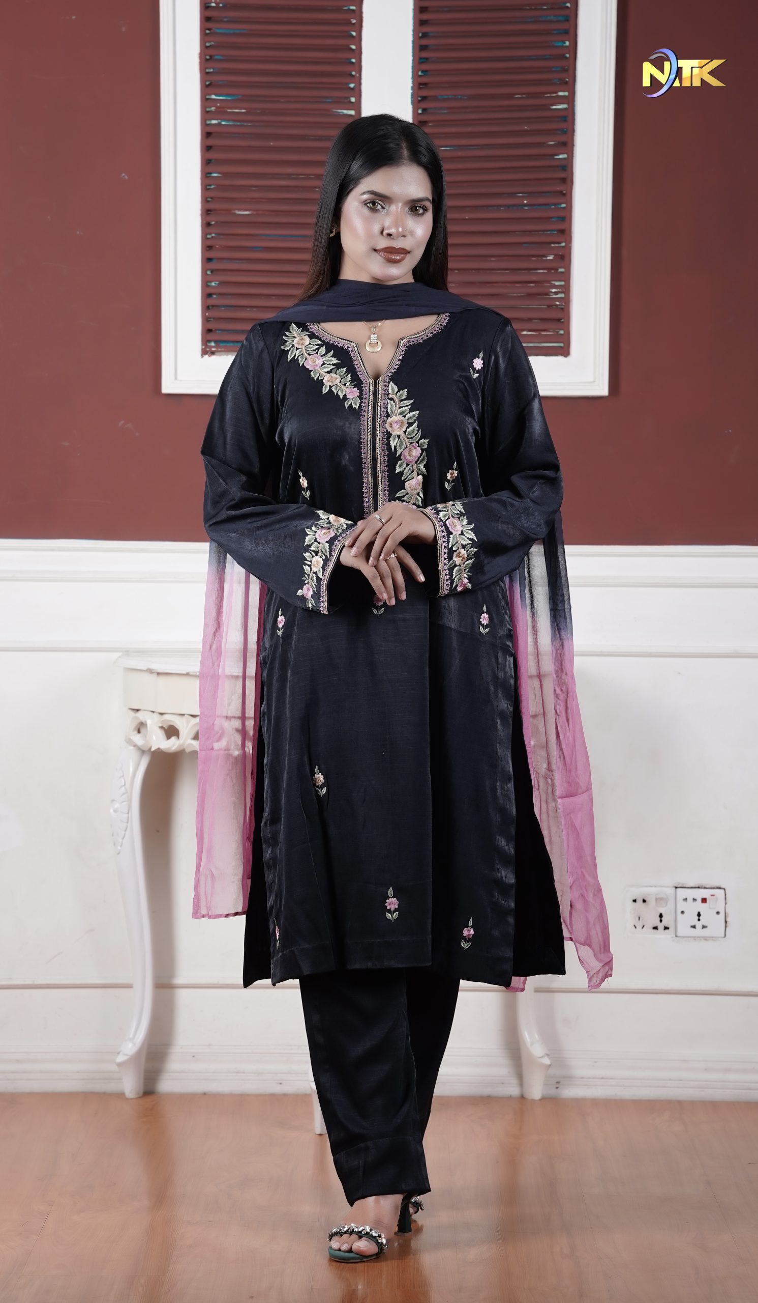 Black Color Biben Silk Handwork Embroidery Kameez Biben Shalwar Shipon Shade Dupatta 3-Piece Sets