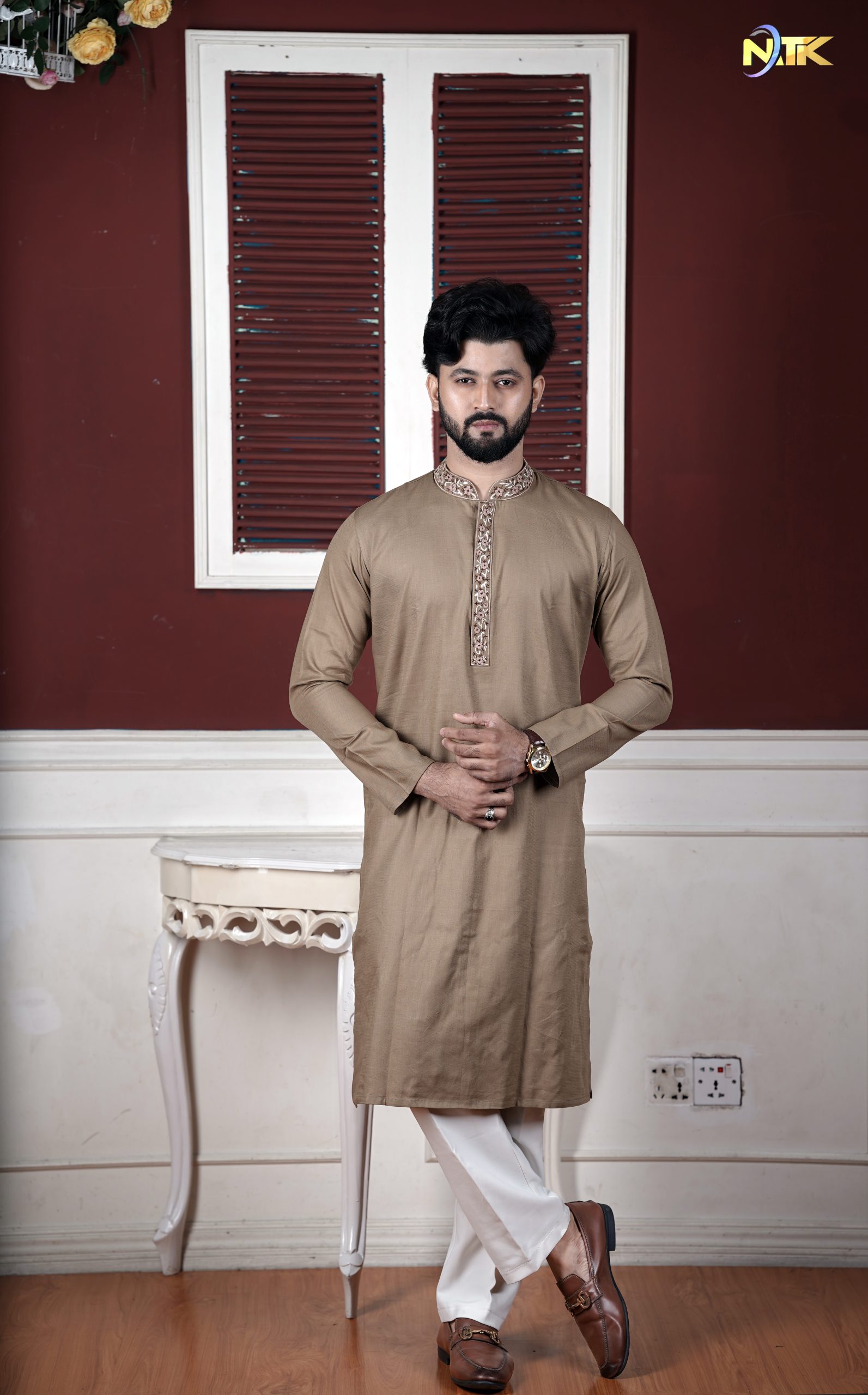 Coffee Color Handwork Embroidery Tailor Sewing Premium Cotton Panjabi