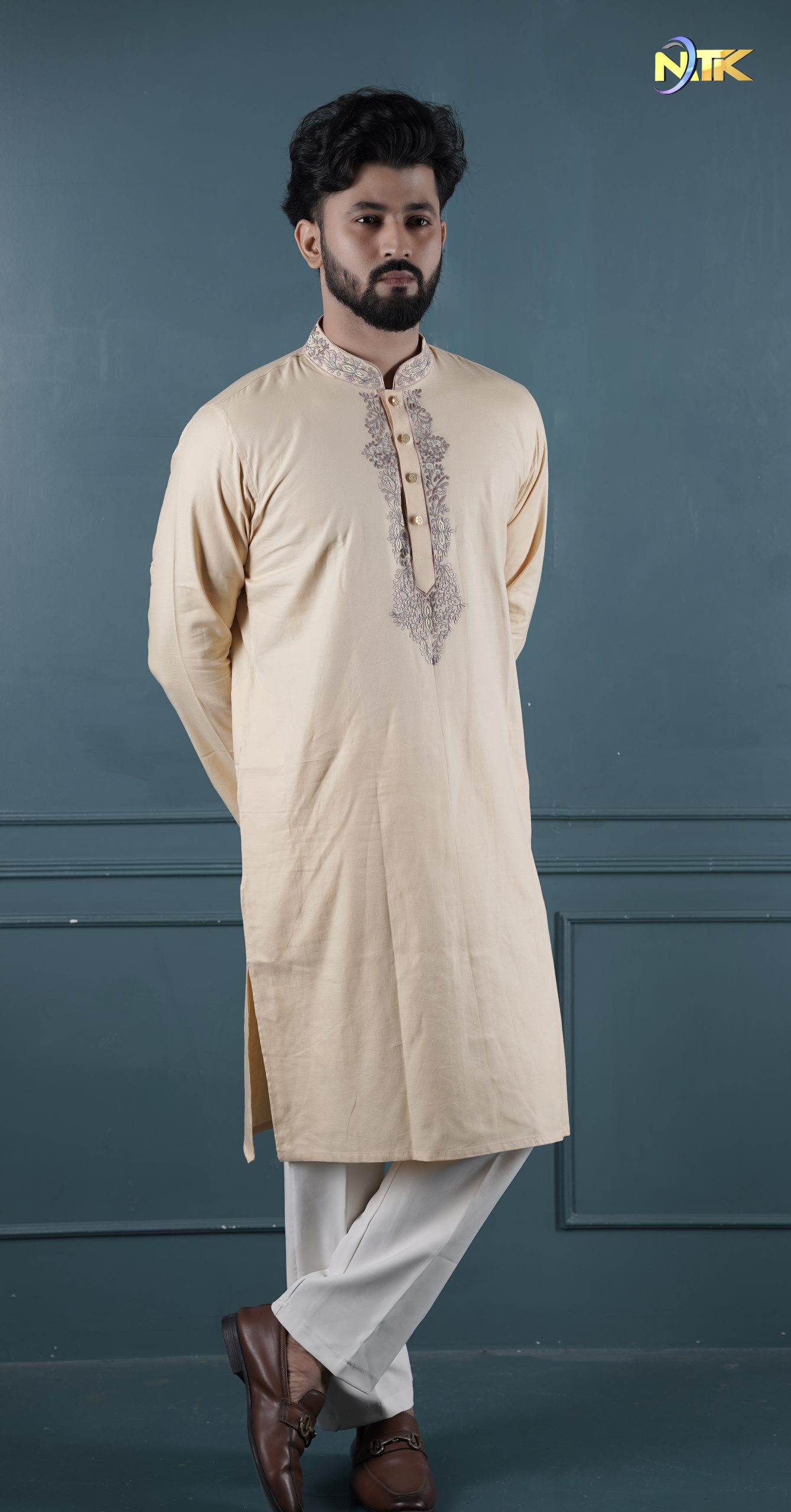 Light Cream Color Handwork Embroidery Tailor Sewing Premium Cotton Panjabi